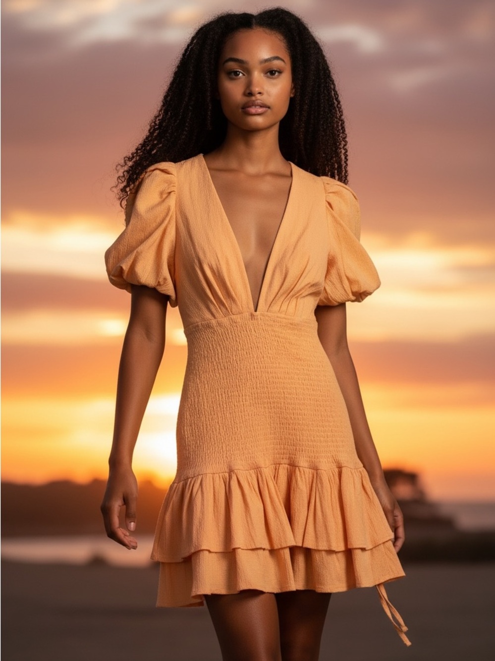 HELLO MOLLY “La Devotee” / peach smocked puff sleeve mini dress. - Picture 4 of 9